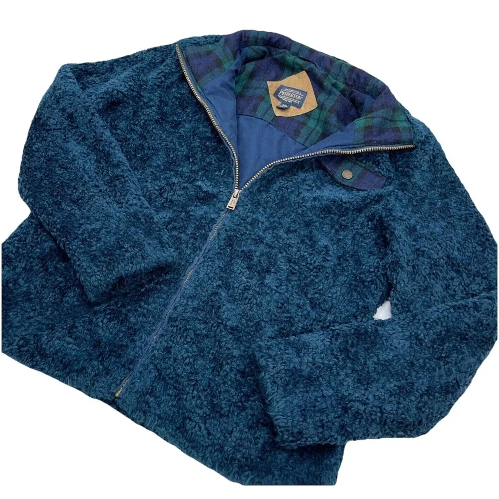 Pendleton‎ Jacket Women Small Blue Green Deep Pile Sherpa Fleece Sport Coat